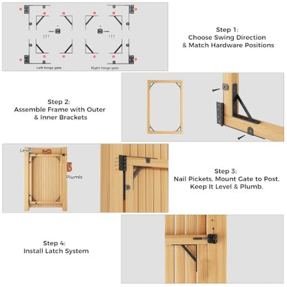 Wooden Gate Hardware Kit, Heavy Duty Anti Sag Outdoor Wood Corner Bracket | Self-lock gravity latch. Rust-proof powder-coated steel.Complete gate kit. For outside fence, garden, deck, porch, pool, farm