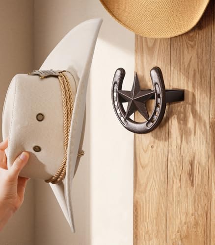 Cowboy Hat Rack for Wall, 6 Pack Iron Horseshoe Star Hooks, Bronze - color: Antique Bronze