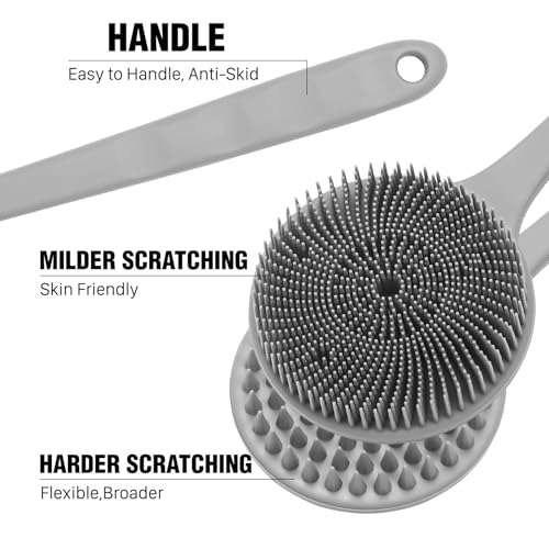 Silicone Body Scrubber for Shower Men Women – Dual-Sided Exfoliating & Massage Shower Brush with Long Handle, Creates Rich Lather, Includes 1 Hook & 2 Lather Balls (Gray). - color: Gray