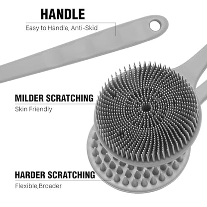 Silicone Body Scrubber for Shower Men Women – Dual-Sided Exfoliating & Massage Shower Brush with Long Handle, Creates Rich Lather, Includes 1 Hook & 2 Lather Balls (Gray). - color: Gray