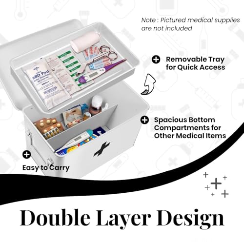 Flexzion Large Metal First Aid Box Empty, 13-Inch, White with Black Cross - color: White - Black Cross, size: 13 Inch without Latch Lock