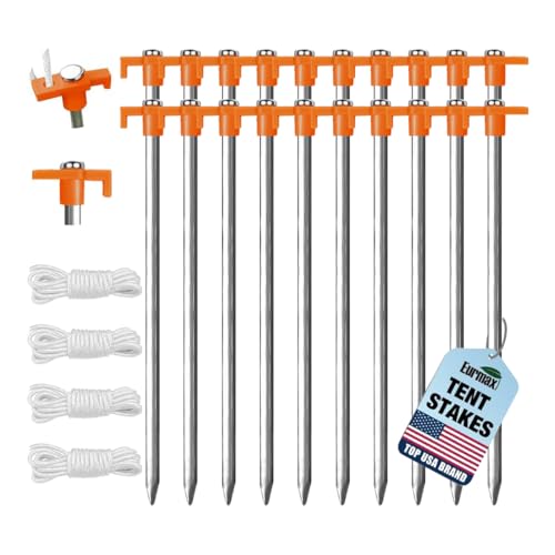 Eurmax USA 20-Pack Secure Protection Galvanized Tent Stakes,Rust-Proof Steel Canopy Anchors for High Winds,Heavy Duty Commercial Ground Pegs for Camping,Pop Up Tents&Gazebos - Includes 4x10ft Ropes - color: orange, style: Stakes 20-pack