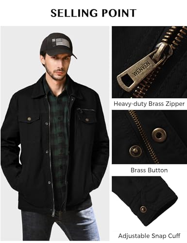 WenVen Men's Casual Canvas Cotton Military Lapel Jacket - color: Black, size: 4X-Large