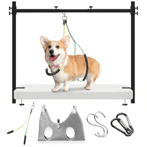 H Shape Dog Grooming Arm for Table, M Size Hammock, 42" H, 31-43" W | Heavy Duty, Adjustable Grooming Stand, Clamp Fits up to 2.76", with Hammock & 2 Nooses for Home Grooming & Nail Trimming - size: M Hammock (Leg Spacing: 4.7–11.5″)