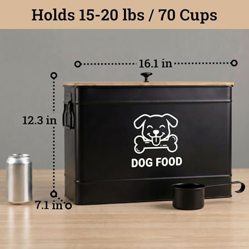 Metal Dog Food Container 15-20 lbs w/ Airtight Bamboo Lid, 70 Cup Capacity - color: Black