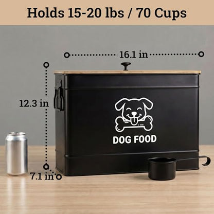 Metal Dog Food Container 15-20 lbs w/ Airtight Bamboo Lid, 70 Cup Capacity - color: Black
