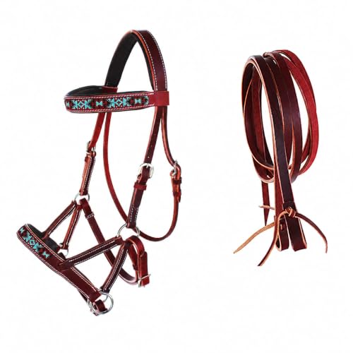 English Western Horse Leather Bitless Sidepull Bridle w/ Split Reins 77RS12 - color: Mahogany/Beaded
