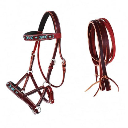 English Western Horse Leather Bitless Sidepull Bridle w/ Split Reins 77RS12 - color: Mahogany/Beaded