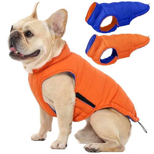 QBLEEV Reversible Dog Jacket, Windproof Dog Coat, Lightweight Puffer Vest - color: Orange-Navy, size: X-Small