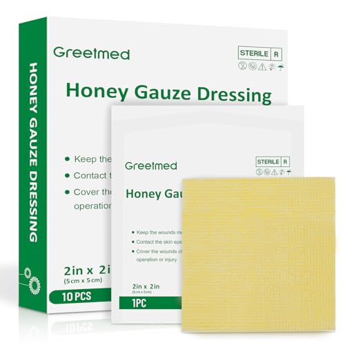 Greetmed Honey Gauze Dressing 2'' x 2'' Sterile Honey Wound Dressing, Medical Grade Manuka Honey Patches for Faster Wound Care | Burns | Traumatic Wounds and Laceration (Individually Pack of 10) - size: 2“ x 2”(10 Packs)