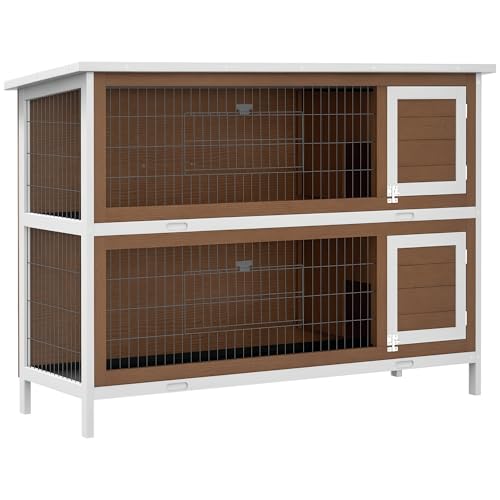 PawHut 54" 2-Story Large Rabbit Hutch Bunny Cage, Lockable Doors Brown - color: Coffee Brown