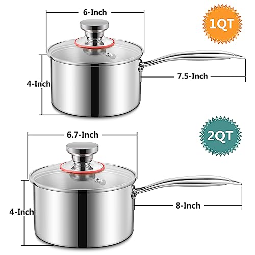 LIANYU 1QT & 2QT Saucepan with Lid, Triply 18/10 Stainless Steel Cooking Pot, Small 1 Quart and 2 Quart Saucepan, Induction Cookware for Boiling Stewing, Dishwasher Safe - size: 1QT+2QT