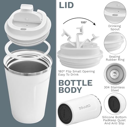 Insulated Travel Coffee Mug, Stainless Steel Coffee Cup with Leakproof Lid - color: 2nd-White, size: 12 Ounces