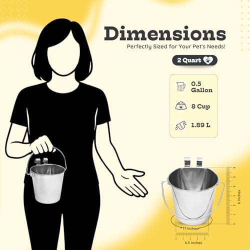 2 Quart Stainless Steel Flat Sided Bucket with Dual Hooks | 4 Pcs Durable Food & Water Bowl for Dog Cats Bird & Small Animals | Fits kennel Cage Crates Hanging Pet Pail | Multipurpose use - size: 2 Quart (Pack of 4)
