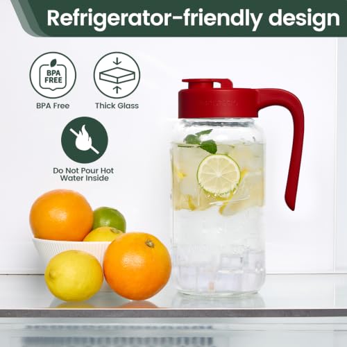 Mason Jar Pitcher, 64 oz (2 quart), Glass Pitcher with Lid | Airtight, Leak proof, Ergonomic Handle, Pour Spout Lid, Fridge Safe, for Sun Tea, Iced Tea, Cold Brew, Lemonade, Outside - color: Red