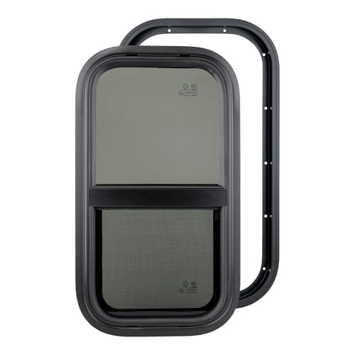 Dulepax Vertical RV Window, 12" W x 22" H Tinted Slide Trailer Window, Tempered Glass Camper Window Replacement with Net Screen and Trim Ring, DOT Approved - size: Vertical 12"x22"