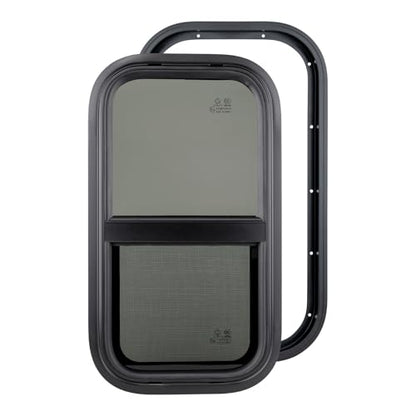 Dulepax Vertical RV Window, 12" W x 22" H Tinted Slide Trailer Window, Tempered Glass Camper Window Replacement with Net Screen and Trim Ring, DOT Approved - size: Vertical 12"x22"