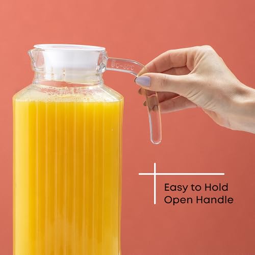 JoyJolt 60oz Glass Pitcher with Lid (2 Lids) - Beverage Serveware and Storage Container for Cold Drinks and Liquids. Juice Container, Water Jug, Fridge Pitcher for Iced Tea or Milk - size: 60 Ounces