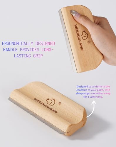 Deshedding Brush for Dogs and Cats, Wooden Ergonomic Handle | For short, long, double-coated dogs and cats. Gently removes loose undercoat without scratching. Wooden ergonomic grip. - color: natural