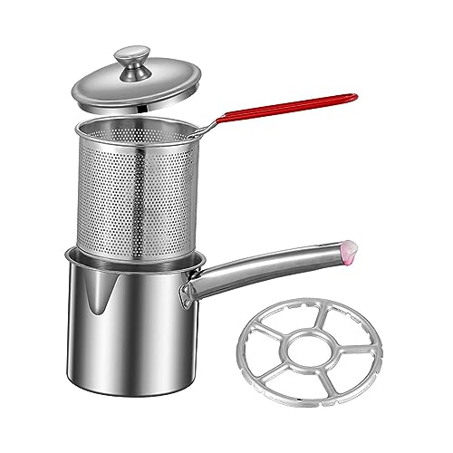 Stainless Steel Deep Fryer Pot Small Deep Fryer Pot Multifunction with Strainer Basket Butter Warmer Pot Milk Pan for Home Restaurant, Burner Rack 1.2L