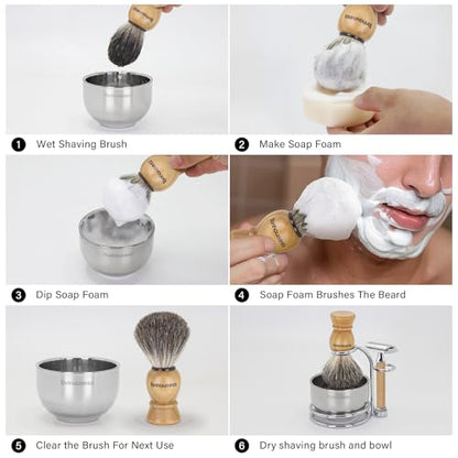 5 In 1 Manual Shaving Kit For Men Includes Badger Hair Shaving Brushes Set, Double Edge Safety Razor, Stainless Steel Shaving Bowl&Stand and Goat Milk Shaving Soap - color: Wood Handle