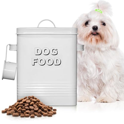 Plexon Metal Dog Food Storage Container with Scoop - Small Dog Food Container Holder Treat Jar Bin with Lid - Pet Chow Storage Canister Tin,1.5 Gallon, 7 lbs, White - color: White, 1.5 Gall Capacity
