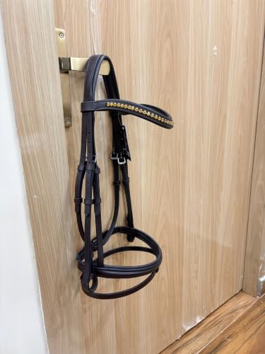 Horse Jumping Leather Bridle with Web Reins | Premium Genuine Leather English Bridle | Padded Browband & Noseband | Stainless Steel Buckles | Dark Brown Size Full - color: Havana Brown -Gold Crystal