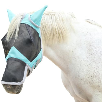 Horse Fly Mask with Ears & Long Nose, Fine Mesh Turquoise Cob - color: Turquoise, size: Cob