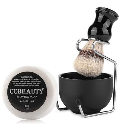 CCbeauty Mens Shaving Brush and Bowl Set, 4-in-1 Bristle Shave Brushes Kit with Stainless Steel Shaving Bowl & Soap Mug, Safety Razor Stand, Birthday Dad Gifts Set for Men, Black Soap 3.5Oz - color: 2# Black Soap