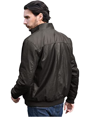 WenVen Men's Stand Collar Fleece Lined Faux Leather Jacket Warm Winter Coat | Bomber Outerwear - color: Grey, size: Medium