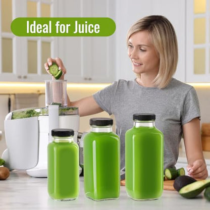 Glass Juice Bottles with Lids 12 oz, Reusable Glass Bottles 6 pcs, Square Juice Jars, Drink Containers with Caps for Smoothies, Kombucha, Beverages - size: 12 Ounces