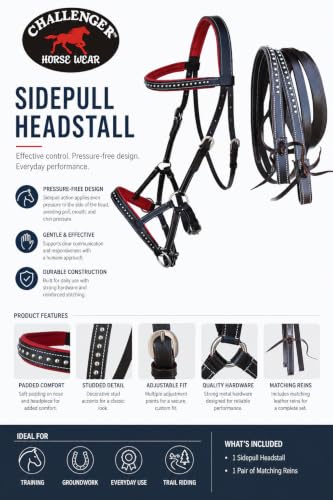 CHALLENGER Horse Western Horse Western English Leather Bitless Sidepull Bridle w/Reins Red 7708BRR-F
