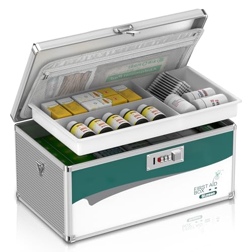Glosen Medicine Lock Box with Code, 2-Layer Aluminum Alloy Medicine Organizer Box with Removable Tray, Portable Medication Lock Box with Shoulder Strap for Home Safety, Travel & Office (16x9.25x7.5In) - size: Extra Large-16in
