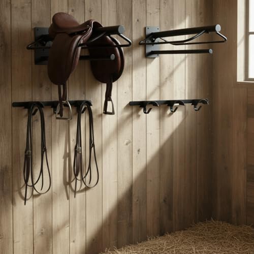 MorningRo 4 Pcs Saddle Rack Wall Mount with Pad Bar Horse Tack Bridle Hooks Detachable Saddle Stand Metal Horse Bridle Rack Hanger for Western English Harness Storage Stall Fence Barn Trailer Supply