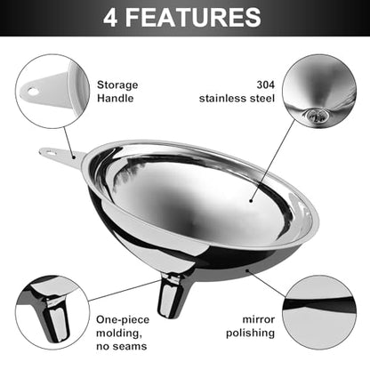 Serinar Stainless Steel Large Funnel with Filter (5.7 in. X 0.55 in. Mouth) and 50 Mesh Stainless Steel Food Filter for Bottle, Oil, Juice, Coffee, Honey, Milk