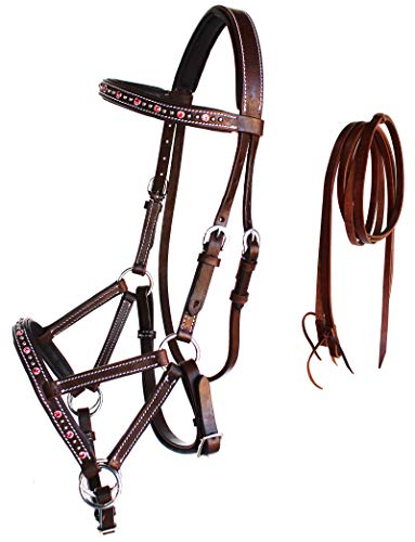 Horse Western Leather Beaded Bitless Sidepull Bridle Reins Rhinestone - color: Brown/Pink