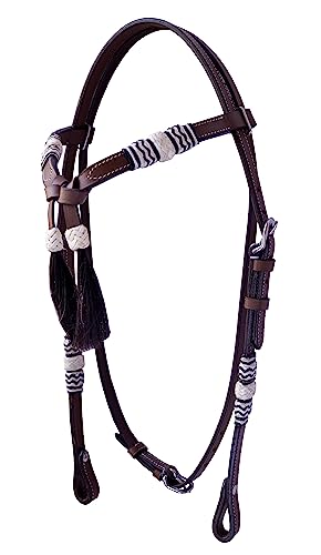 Western Horse Headstall Standard Size – Adjustable Hand Braided Genuine Leather Bridle with White Rawhide Futurity Knot Natural Hair Tassels Bridle, Western Riding Tack, Tan Color Leather (Full Size) - size: Full