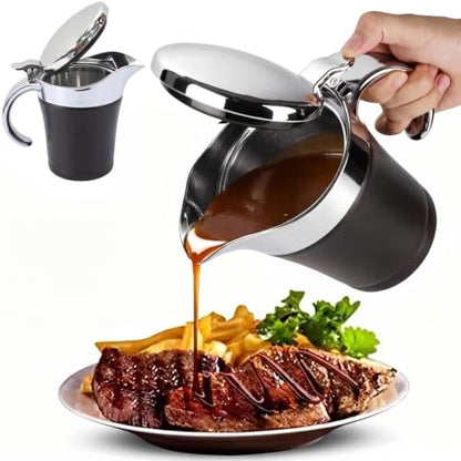 Double Insulated Gravy Boat - Stainless Steel Sauce Jug with Hinged Lid Hinged Lid Ideal for Gravy or Cream at Thanksgiving (450ML/16 OZ Black) - color: 450ML/16 OZ Black