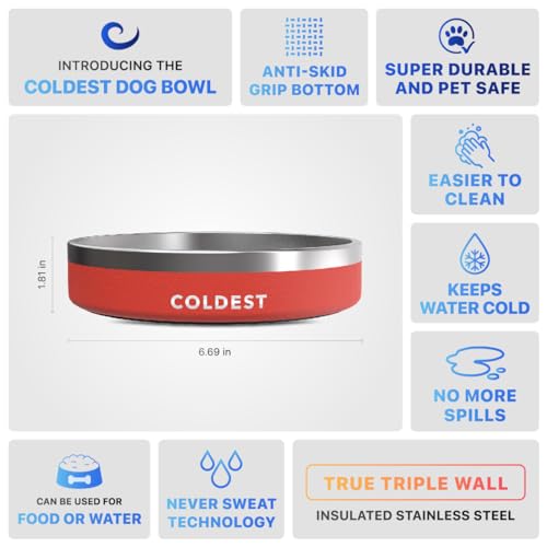 Coldest Dog Bowl - Anti Rust Metal, Non Slip, 3 Layers Insulated Stainless Steel Dog Bowls - Spill Proof & Heavy Duty - Water Bowl for Dogs, Cats & Pets, Dish Washer Safe (21 oz, Red) - color: Crimson Red, size: 21 oz