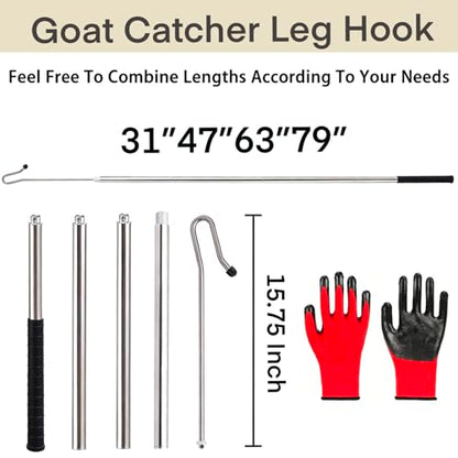 Goat Sheep Catcher Hook, Adjustable Calf Grabber Tool, Heavy-Duty 304 Stainless Steel, 31–79 Inches, Shepherd’s Crook Design, Includes Storage Bag and Protective Gloves, Goat Horn Cover，Ball