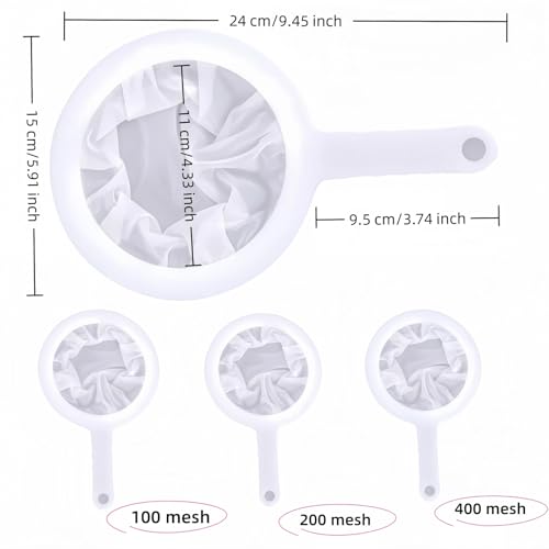 High Density Ultra-Fine Nylon Mesh Strainer Set - 3 in 1 (100/200/400 Micron) -Nylon Mesh, 100/200/400 Mesh for Coffee, Honey, Wine,Milk, Juice - Food Grade w/Non-Slip Handle & Hang Hole