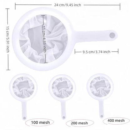 High Density Ultra-Fine Nylon Mesh Strainer Set - 3 in 1 (100/200/400 Micron) -Nylon Mesh, 100/200/400 Mesh for Coffee, Honey, Wine,Milk, Juice - Food Grade w/Non-Slip Handle & Hang Hole