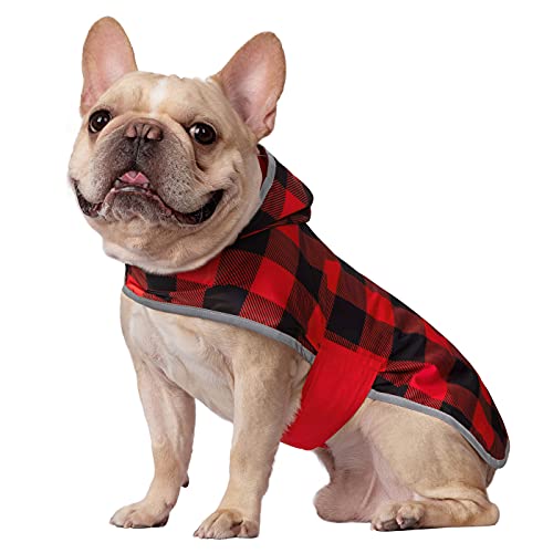 HDE 2-in-1 Reversible Dog Raincoat Hooded Poncho Rain Jacket Red Plaid M - color: Buffalo Plaid / Red, size: Medium