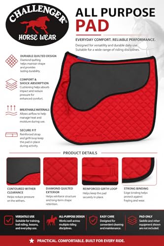 CHALLENGER Horse 23" x 20" English All-Purpose Contoured Quilted Trail Saddle Pad 72143 - color: 레드