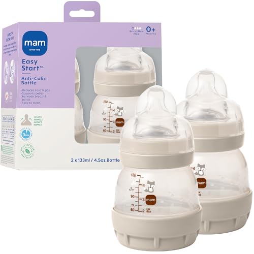 MAM 4.5oz Easy Start Anti-Colic+ Vented Baby Bottle, 0+ Mths, 2 Pk, Unisex - color: Cotton, size: 2 Count (Pack of 1), style: 4.5oz