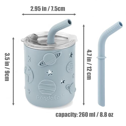 PandaEar 6-in-1 Stainless Steel Baby Feeding Set | Divided Suction Plate, Bowl, Sippy Cup with Straw, Bib, Spoon & Fork | BPA-Free Toddler Feeding Essentials for Self-Feeding (Blue) - color: Blue