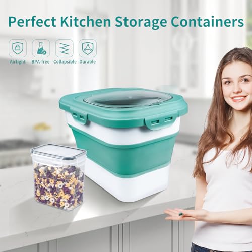 Komzon Rice Storage Container, Collapsible Airtight Food Storage Containers 6-20 Lbs, Rice Dispenser with Measuring Cup and Small Bin for Flour Cereal Pasta Grain, Cat Pet Dog Bird Food Container - size: 6-20 Lbs Green
