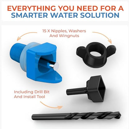Lil'Clucker Horizontal Chicken Waterer Nipples, Pack of 15 Chicken Nipple Waterer with Drill Bits, Easy Install Automatic Chicken Waterer System, No Leak Chicken Water Feeder, Poultry Waterer - Blue - color: Blue