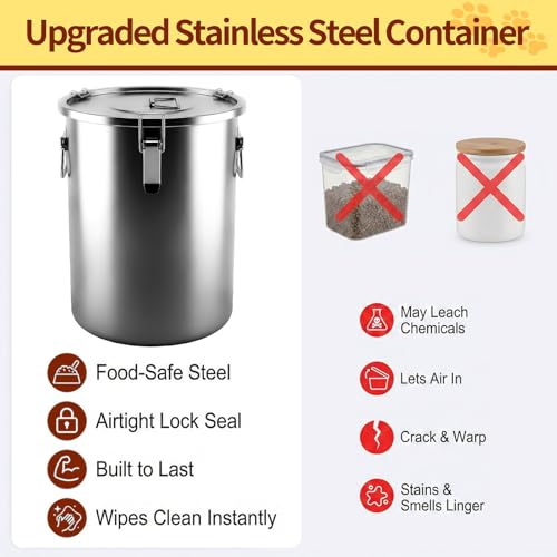 304 Stainless Steel Dog Food Storage Container, 35LB/40LB Airtight Pet Food Container with Locking Lid & Silicone Seal, Large Metal Food Storage Bin for Dry Dog/Cat Food, Rice, Flour (35 LBS) - size: 35 LBS