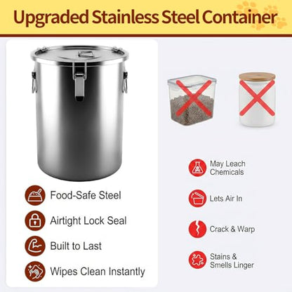304 Stainless Steel Dog Food Storage Container, 35LB/40LB Airtight Pet Food Container with Locking Lid & Silicone Seal, Large Metal Food Storage Bin for Dry Dog/Cat Food, Rice, Flour (35 LBS) - size: 35 LBS